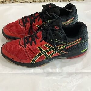 ASICS Red and Black Athletic Shoes with Yellow Highlights